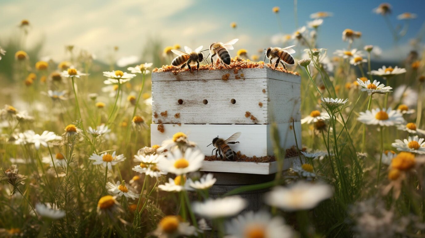 beehive-with-bees-buzzing-around-field-with-chamomiles_1268-30577